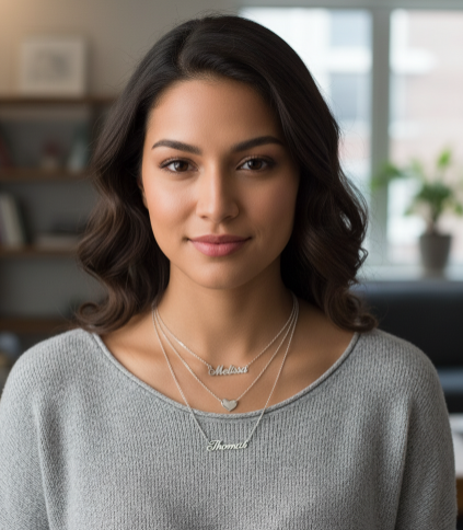 Woman wearing layered necklaces with a blurred indoor background